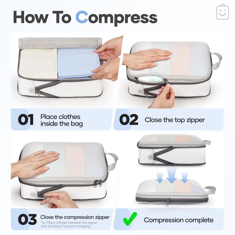 Veken 9/11 Set Compression Packing Cubes for Travel Essentials,Compressible Expandable Large Luggage Suitcase Organizer Bags for Clothing,Durable Space Saver Storage Bags with Toiletry Bags(White) - Image 3
