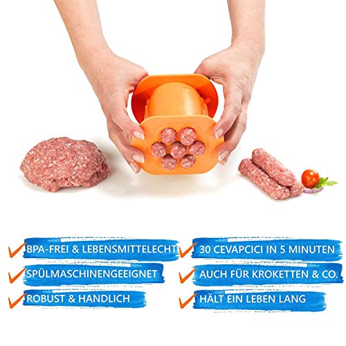 Guppy One Press Cevapcici Sausage Maker Stuffer, 7 Sausages at Once Press Handmade Hot Dog Meat Strip Machine Molds Non Stick Kitchen Meatball Maker Barbecue Grilling Tools BBQ Accessories - Image 4