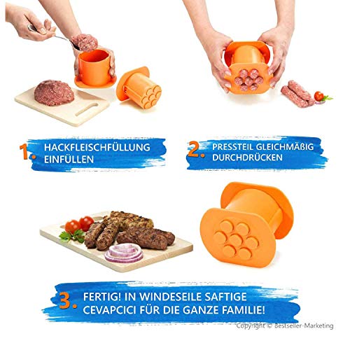 Guppy One Press Cevapcici Sausage Maker Stuffer, 7 Sausages at Once Press Handmade Hot Dog Meat Strip Machine Molds Non Stick Kitchen Meatball Maker Barbecue Grilling Tools BBQ Accessories - Image 3