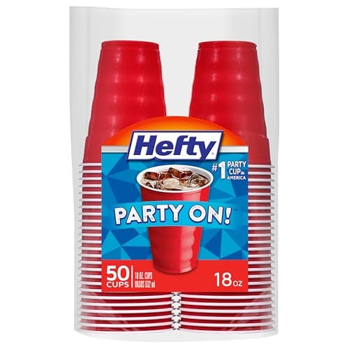 Hefty Party On Red Plastic Cups, Disposable Plastic Party Cups for Easy Cleanup and Large Gatherings, Red Cups for BBQs, Birthdays, Parties, and More, 18 Ounce, 50 Count - Image 1