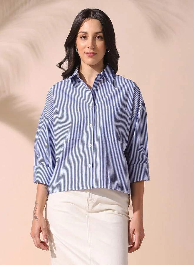 Women'S Blue 100% Cotton Striped Button Down Relaxed Shirt
