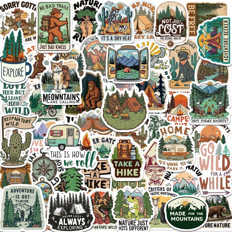 MKZ 100PCS Funny Camping Stickers Hiking Outdoor Adventure Stickers Vinyl Waterproof Sticker Packs for Laptop - Image 1