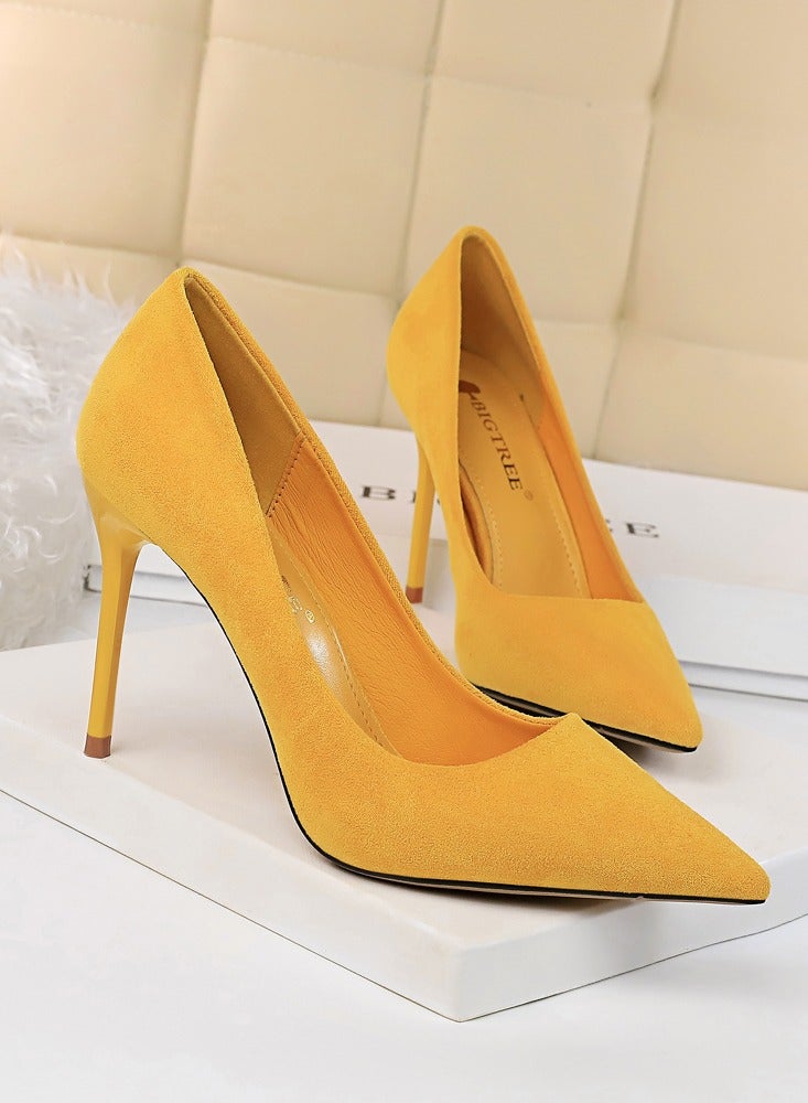 BIGTREE Women's Solid Color Elegant Velour Stiletto Pumps 9 CM Fashion Gorgeous Closed Pointed Toe Slip On Solid High Heels Yellow - Image 2
