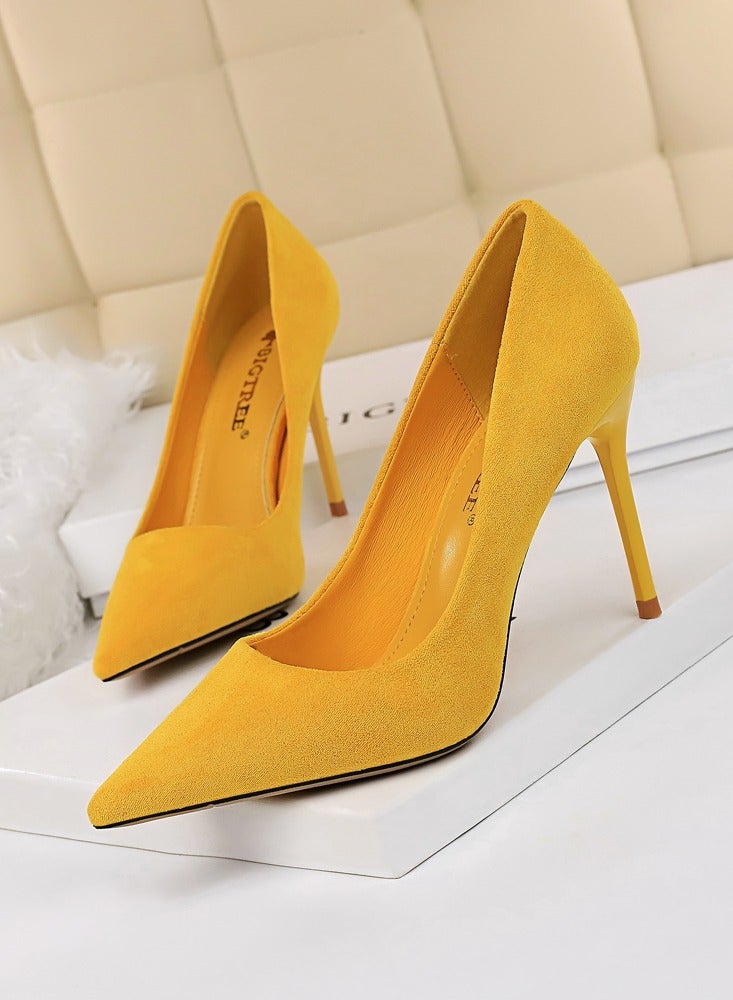 BIGTREE Women's Solid Color Elegant Velour Stiletto Pumps 9 CM Fashion Gorgeous Closed Pointed Toe Slip On Solid High Heels Yellow - Image 1