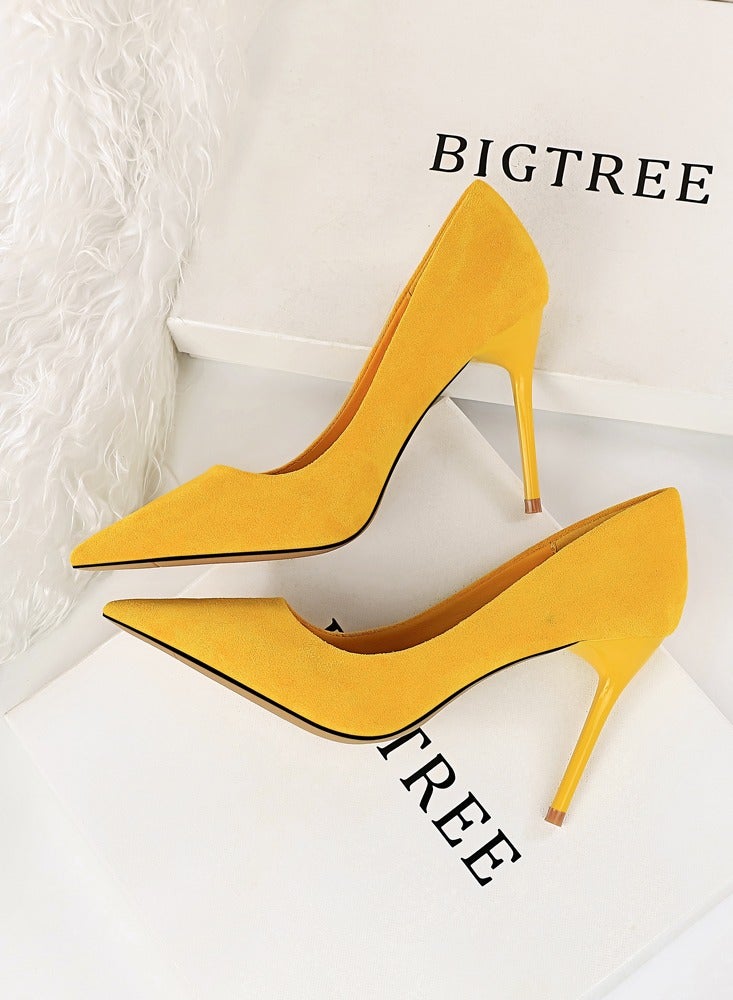 BIGTREE Women's Solid Color Elegant Velour Stiletto Pumps 9 CM Fashion Gorgeous Closed Pointed Toe Slip On Solid High Heels Yellow - Image 3