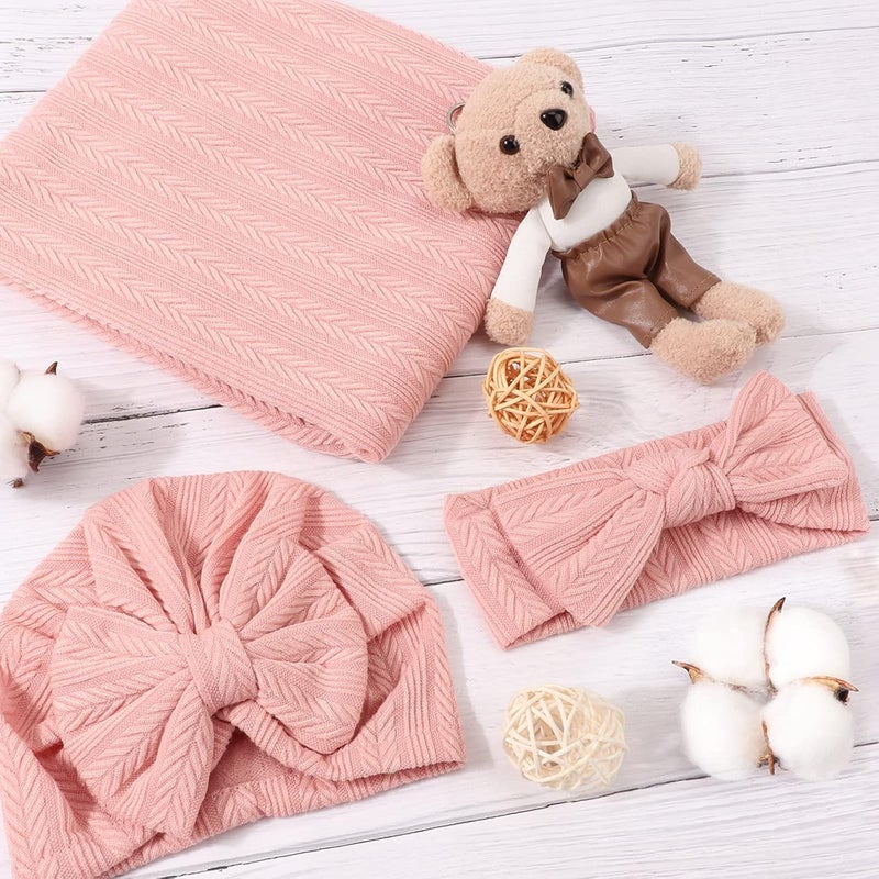 DRESHOW BQUBO Baby Swaddle Blankets for Girls 4PCS Newborn Accessories Set with Matching Hat and Bow Headband with Card - Image 4