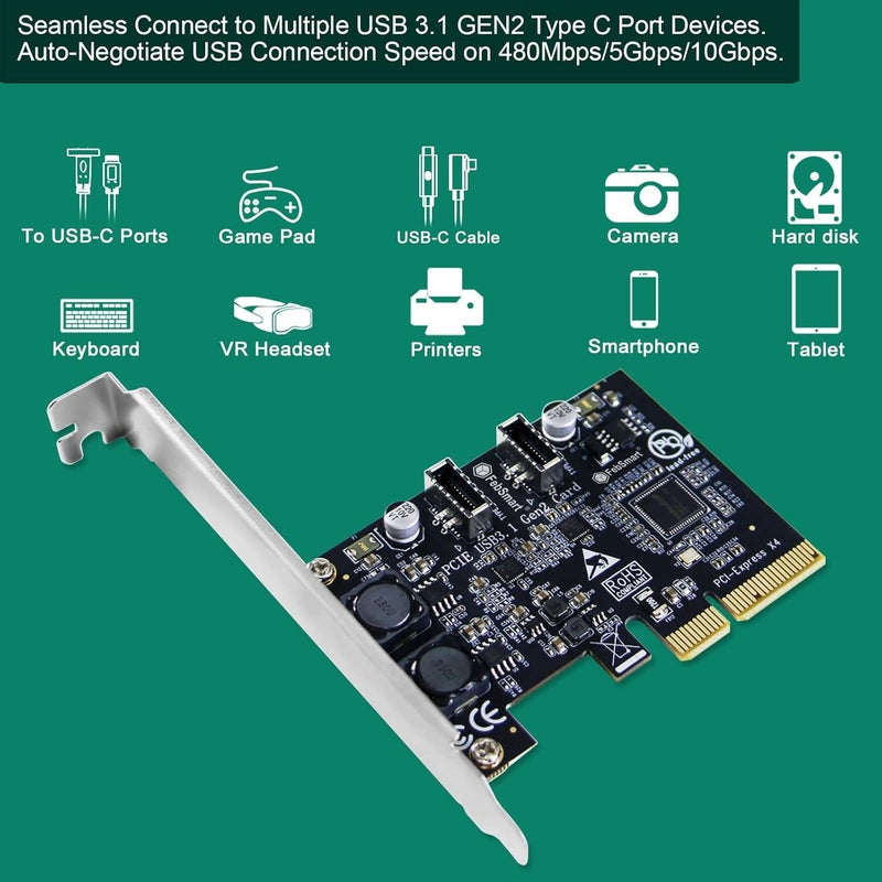 FebSmart PCIE X4 to 2X 10Gbps Max Speed USB 3.1 GEN2 Type E Key A Ports Card, USB 3.1 GEN2 10Gbps Header for Desktop PCs Front Panel USB-C Ports, Built in Self-Powered Technology (FS-E2C-Pro) - Image 5