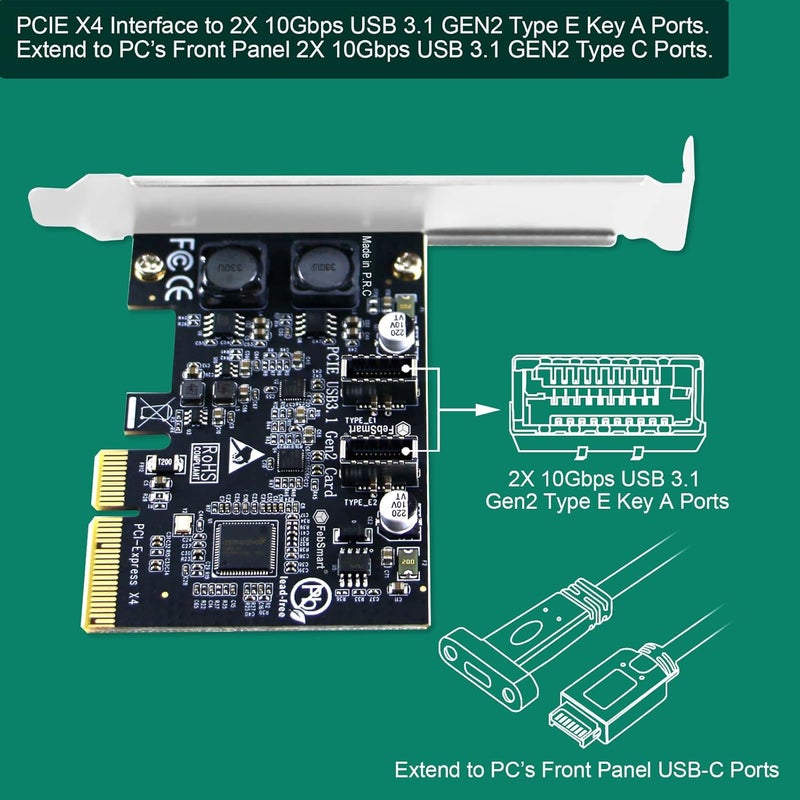 FebSmart PCIE X4 to 2X 10Gbps Max Speed USB 3.1 GEN2 Type E Key A Ports Card, USB 3.1 GEN2 10Gbps Header for Desktop PCs Front Panel USB-C Ports, Built in Self-Powered Technology (FS-E2C-Pro) - Image 4