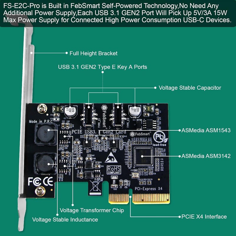FebSmart PCIE X4 to 2X 10Gbps Max Speed USB 3.1 GEN2 Type E Key A Ports Card, USB 3.1 GEN2 10Gbps Header for Desktop PCs Front Panel USB-C Ports, Built in Self-Powered Technology (FS-E2C-Pro) - Image 2