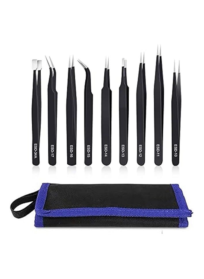 PROMASS 9PCS Precision Tweezers Set, Upgraded Anti-Static Stainless Steel of Tweezers, for Electronics, Soldering, Laboratory Work, Jewelry-Making, Model, Craft - Image 1