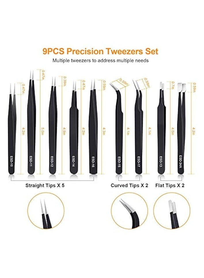 PROMASS 9PCS Precision Tweezers Set, Upgraded Anti-Static Stainless Steel of Tweezers, for Electronics, Soldering, Laboratory Work, Jewelry-Making, Model, Craft - Image 2
