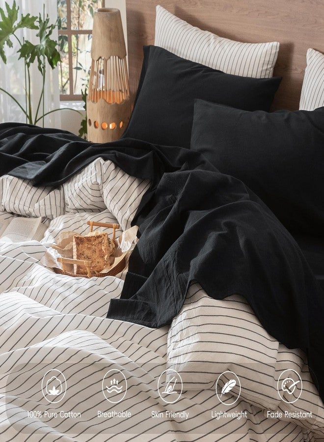 MooMee Bedding Sheet Set 100% Washed Cotton Linen Like Textured Breathable Durable Soft Comfy (Solid Black, King) - Image 4