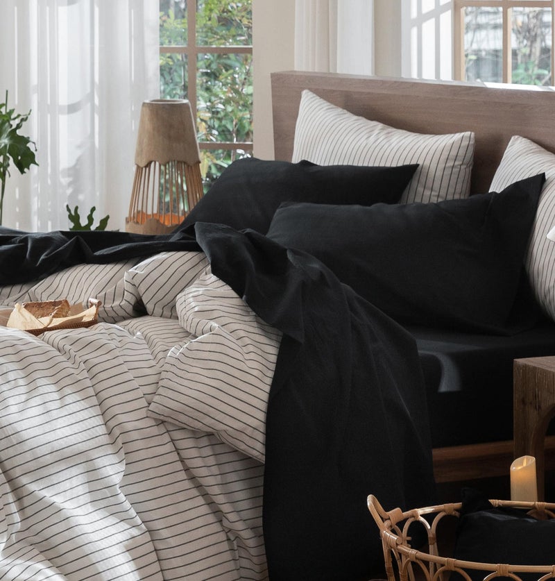 MooMee Bedding Sheet Set 100% Washed Cotton Linen Like Textured Breathable Durable Soft Comfy (Solid Black, King) - Image 1