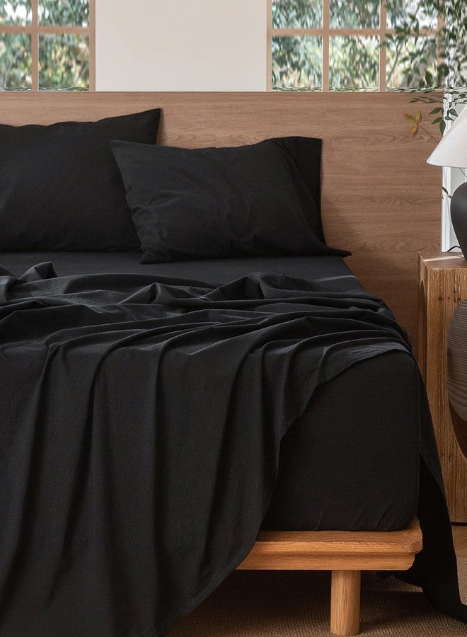 MooMee Bedding Sheet Set 100% Washed Cotton Linen Like Textured Breathable Durable Soft Comfy (Solid Black, King) - Image 5