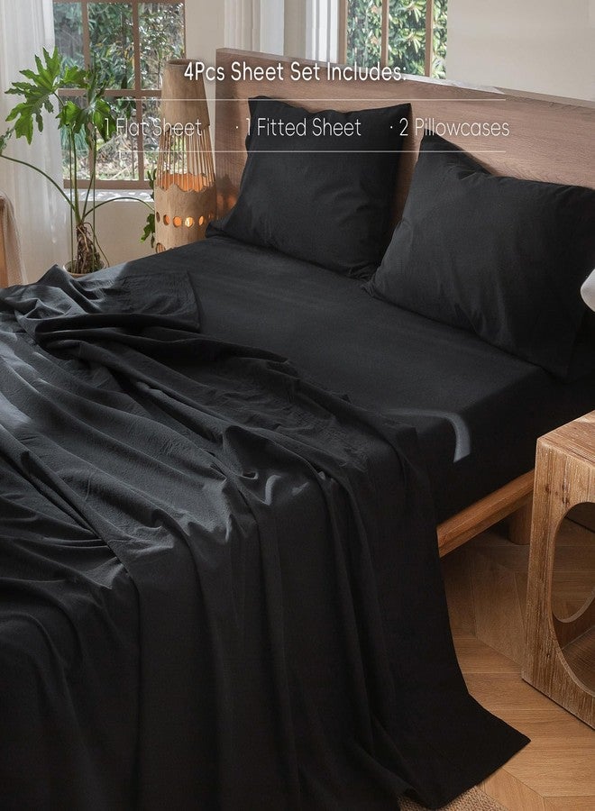 MooMee Bedding Sheet Set 100% Washed Cotton Linen Like Textured Breathable Durable Soft Comfy (Solid Black, King) - Image 2