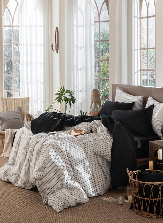 MooMee Bedding Sheet Set 100% Washed Cotton Linen Like Textured Breathable Durable Soft Comfy (Solid Black, King) - Image 3