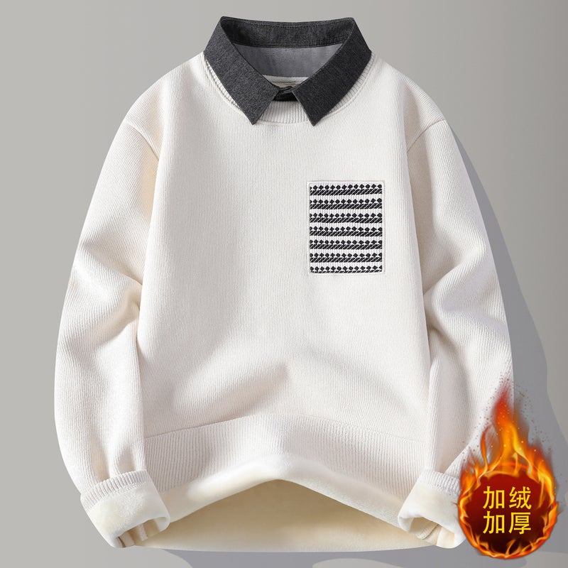 Cardigan Cream White Integrated Fleece Sweater for Men's Winter Shirt Collar Fleece-lined Thickened Warm Casual Base Layer Knitwear
