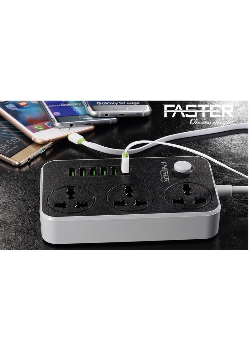 Faster - Power Strips Extension Cord 3 Outlets, Power Socket with 6 Quick USB (5V 3.4A 17W) Charging Station Power Cord 2500W Universal Charging Socket with 2M Bold Extension Cord - Image 1
