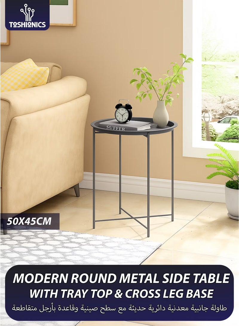 Toshionics Modern Round Metal Side Table with Tray Top and Cross-Leg Base–Small End Coffee Side Table for Home, Living Room, Bedroom, Office and Lounge Areas–Black 50x45cm - Image 1