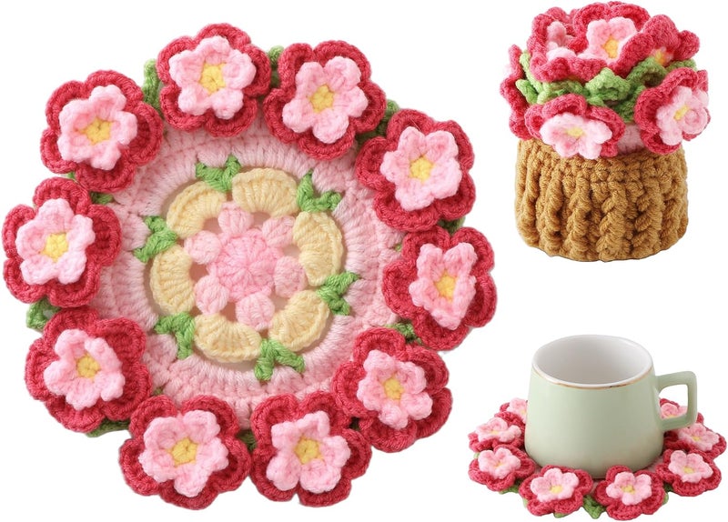 Vane Oak Flower Crochet Coasters, Handmade Bouquet Blanket Coaster with Crochet Plant Pot Fun Soft Decorative Drink Coasters for Coffee Tabletop Protection and Home Decor (Peach Pink, 1Pc) - Image 1