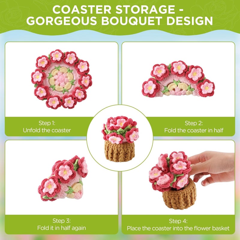Vane Oak Flower Crochet Coasters, Handmade Bouquet Blanket Coaster with Crochet Plant Pot Fun Soft Decorative Drink Coasters for Coffee Tabletop Protection and Home Decor (Peach Pink, 1Pc) - Image 3