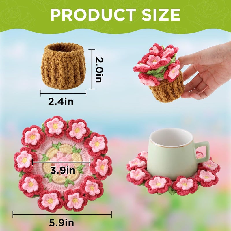 Vane Oak Flower Crochet Coasters, Handmade Bouquet Blanket Coaster with Crochet Plant Pot Fun Soft Decorative Drink Coasters for Coffee Tabletop Protection and Home Decor (Peach Pink, 1Pc) - Image 2