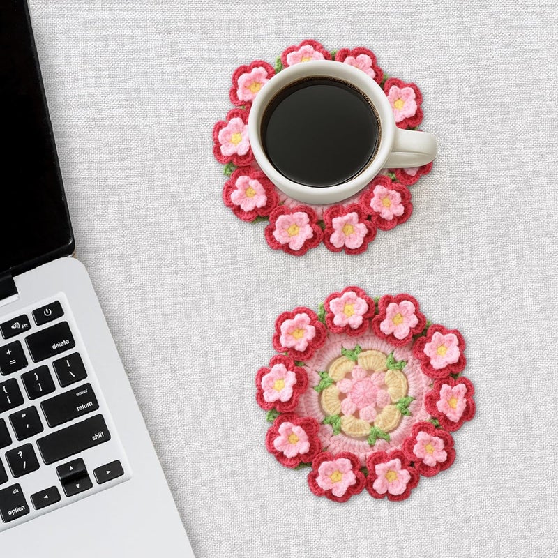 Vane Oak Flower Crochet Coasters, Handmade Bouquet Blanket Coaster with Crochet Plant Pot Fun Soft Decorative Drink Coasters for Coffee Tabletop Protection and Home Decor (Peach Pink, 1Pc) - Image 5