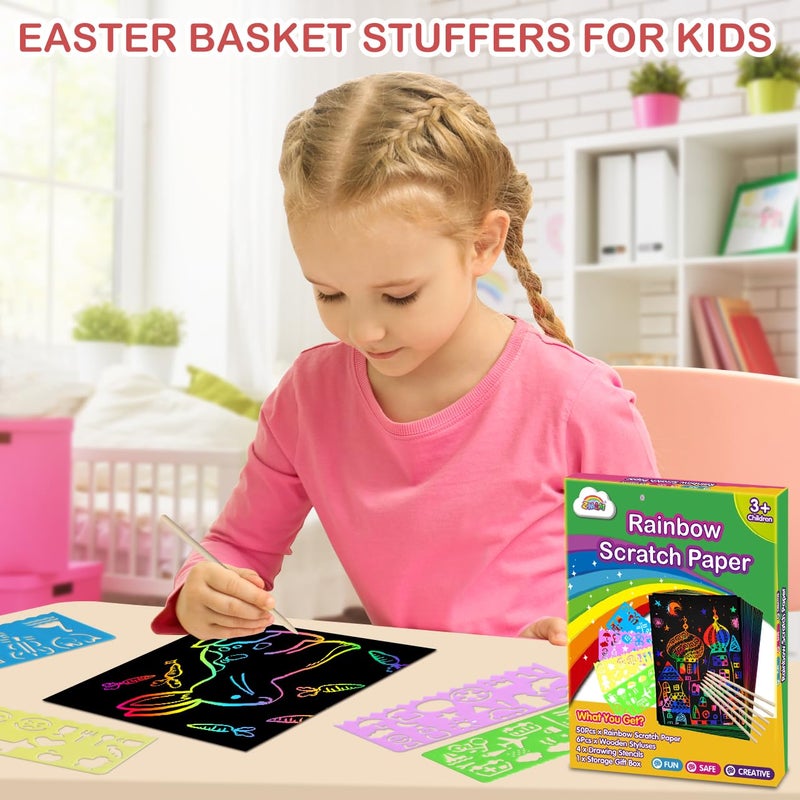 ZMLM Scratch Paper Art Set: 100Pcs Magic Art Craft Kid Easter Gifts Scratch Paper Supplies Toddler Preschool Learning Toys for Age 3 4 5 6 7 8 Girls Boys Birthday Activities Party Favors - Image 2