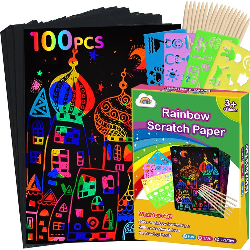 ZMLM Scratch Paper Art Set: 100Pcs Magic Art Craft Kid Easter Gifts Scratch Paper Supplies Toddler Preschool Learning Toys for Age 3 4 5 6 7 8 Girls Boys Birthday Activities Party Favors - Image 1