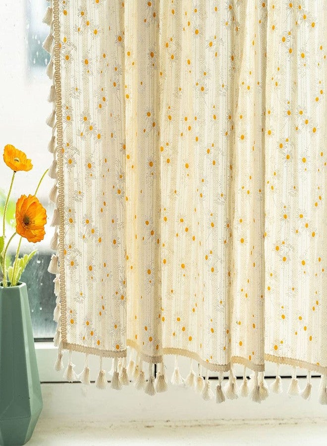 vctops Boho Daisy Floral Cotton Cafe Curtains with Tassels Rod Pocket Short Kitchen Curtain, 1 Panel (Daisy,24"x35") - Image 3