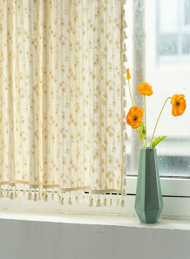 vctops Boho Daisy Floral Cotton Cafe Curtains with Tassels Rod Pocket Short Kitchen Curtain, 1 Panel (Daisy,24"x35") - Image 4