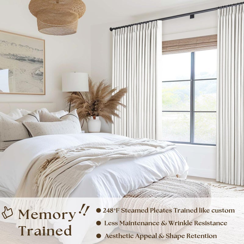 TWODRAPES 120 Inch 100% Blackout Linen Pleated Curtains 60 Inch Wide for Living Room Pinch Pleat Back Tab Black Out Drapes Memory Shape Heat Reducing Window Curtains for Bedroom 60x120 Beige White 1 Panel - Image 2