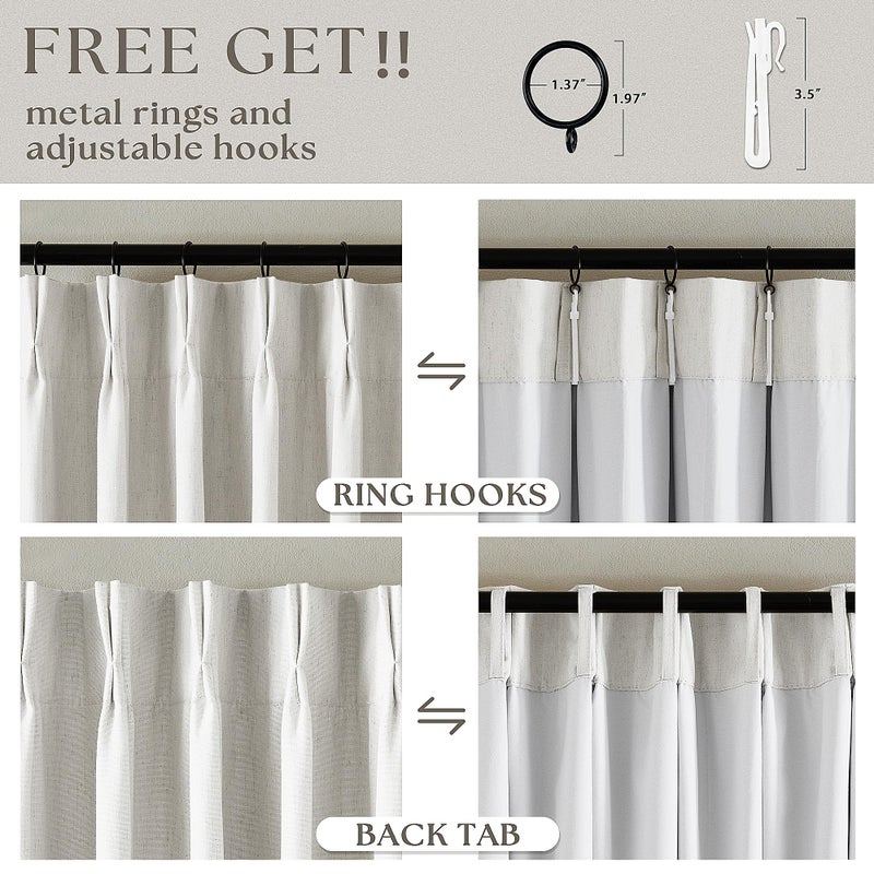 TWODRAPES 120 Inch 100% Blackout Linen Pleated Curtains 60 Inch Wide for Living Room Pinch Pleat Back Tab Black Out Drapes Memory Shape Heat Reducing Window Curtains for Bedroom 60x120 Beige White 1 Panel - Image 5
