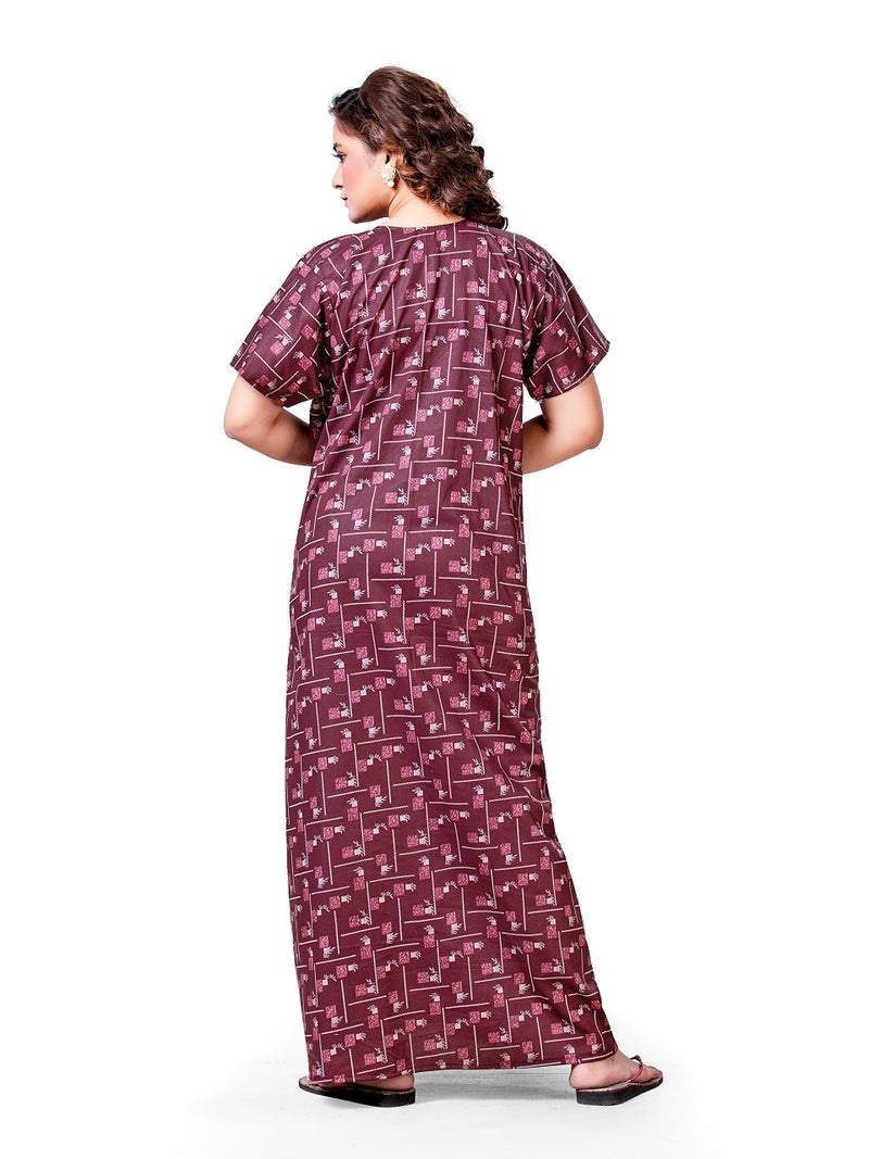 PNAEONG Women's Cotton Abstract Print Maxi Length Nighty (CHO017_Chocolate_Free Size) - Image 4