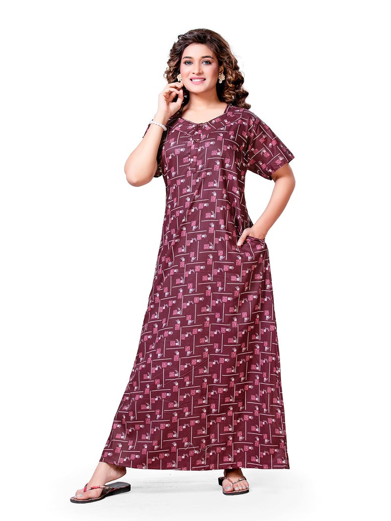 PNAEONG Women's Cotton Abstract Print Maxi Length Nighty (CHO017_Chocolate_Free Size) - Image 3