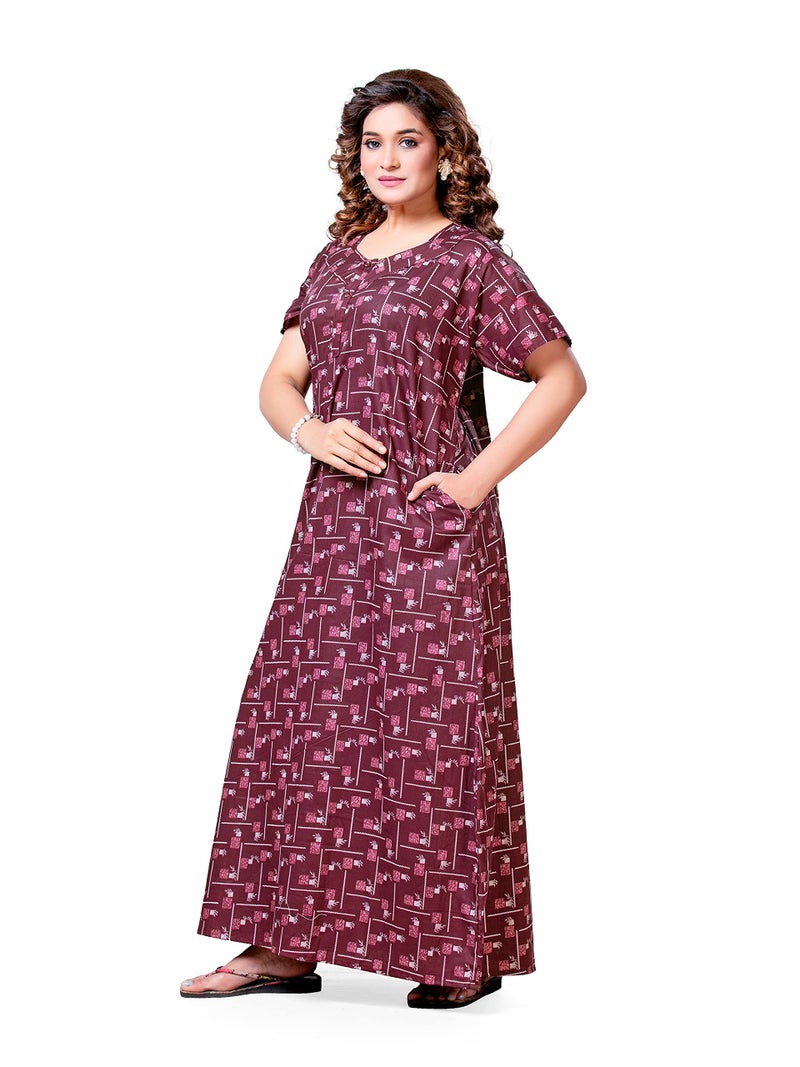 PNAEONG Women's Cotton Abstract Print Maxi Length Nighty (CHO017_Chocolate_Free Size) - Image 1