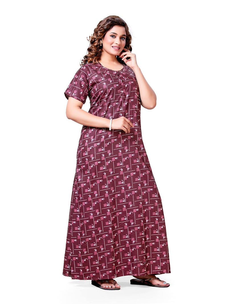 PNAEONG Women's Cotton Abstract Print Maxi Length Nighty (CHO017_Chocolate_Free Size) - Image 5