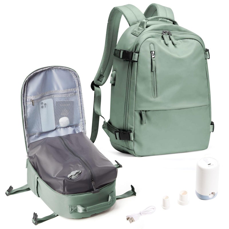 SEAFEW Large Travel Vacuum Backpack with Electric Air Pump, Carry on Backpack Flight Approved Item Bag,Casual Daypacks Cabin Bagage,Hiking Business Laptop Backpack with USB Charger, Green - Image 1