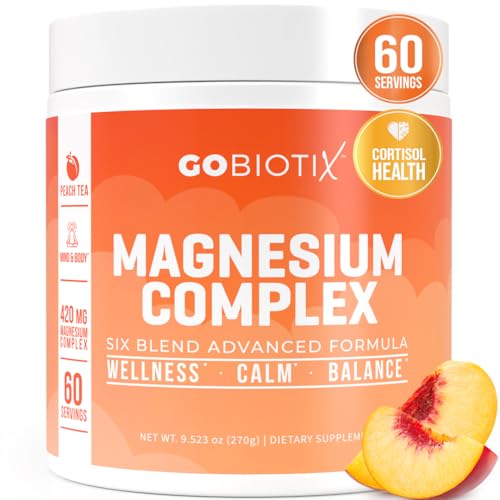GoBiotix Magnesium Glycinate Powder Cortisol Supplement for Women and Men High Absorption Magnesium Complex Calm Supplement with Citrate Malate Sugar Free 420 mg 60 Servings Peach Tea