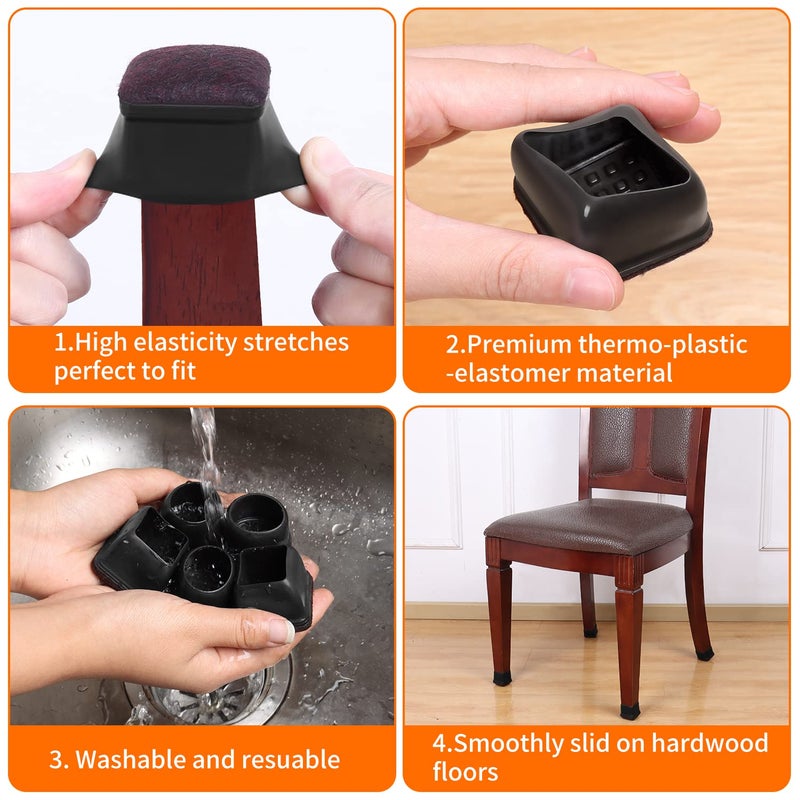 Ezprotekt 24 Pcs Square Chair Leg Floor Protectors with Felt, Silicone Felt Furniture Pads for Hardwood Floor, Dining Table Leg Caps Covers No Scratches and Noise (L Fit: 1" - 1.4", Black) - Image 4