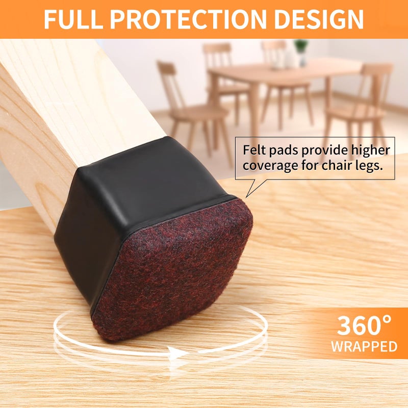 Ezprotekt 24 Pcs Square Chair Leg Floor Protectors with Felt, Silicone Felt Furniture Pads for Hardwood Floor, Dining Table Leg Caps Covers No Scratches and Noise (L Fit: 1" - 1.4", Black) - Image 3
