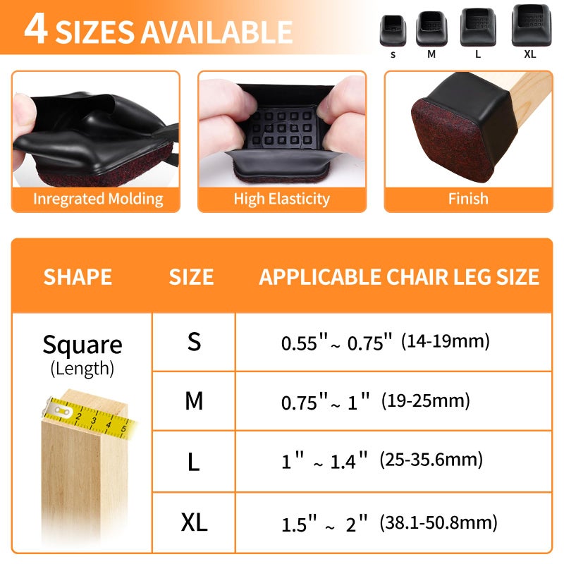 Ezprotekt 24 Pcs Square Chair Leg Floor Protectors with Felt, Silicone Felt Furniture Pads for Hardwood Floor, Dining Table Leg Caps Covers No Scratches and Noise (L Fit: 1" - 1.4", Black) - Image 2