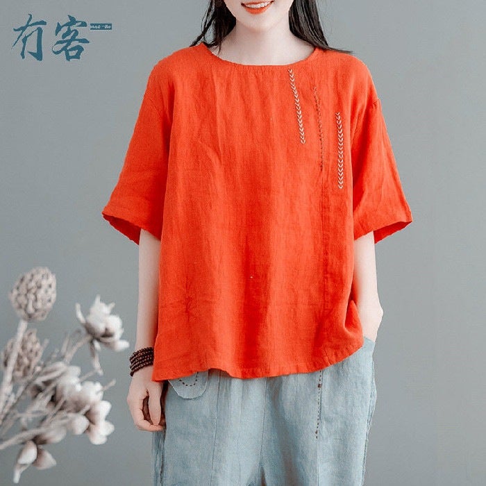 Cotton and Linen Short-Sleeved T-Shirt for Women, Plus Size, Belly-Covering, Fashionable and Stylish Summer Wear for Moms, High-End Ramie and Linen Half-Sleeved Top - Image 1