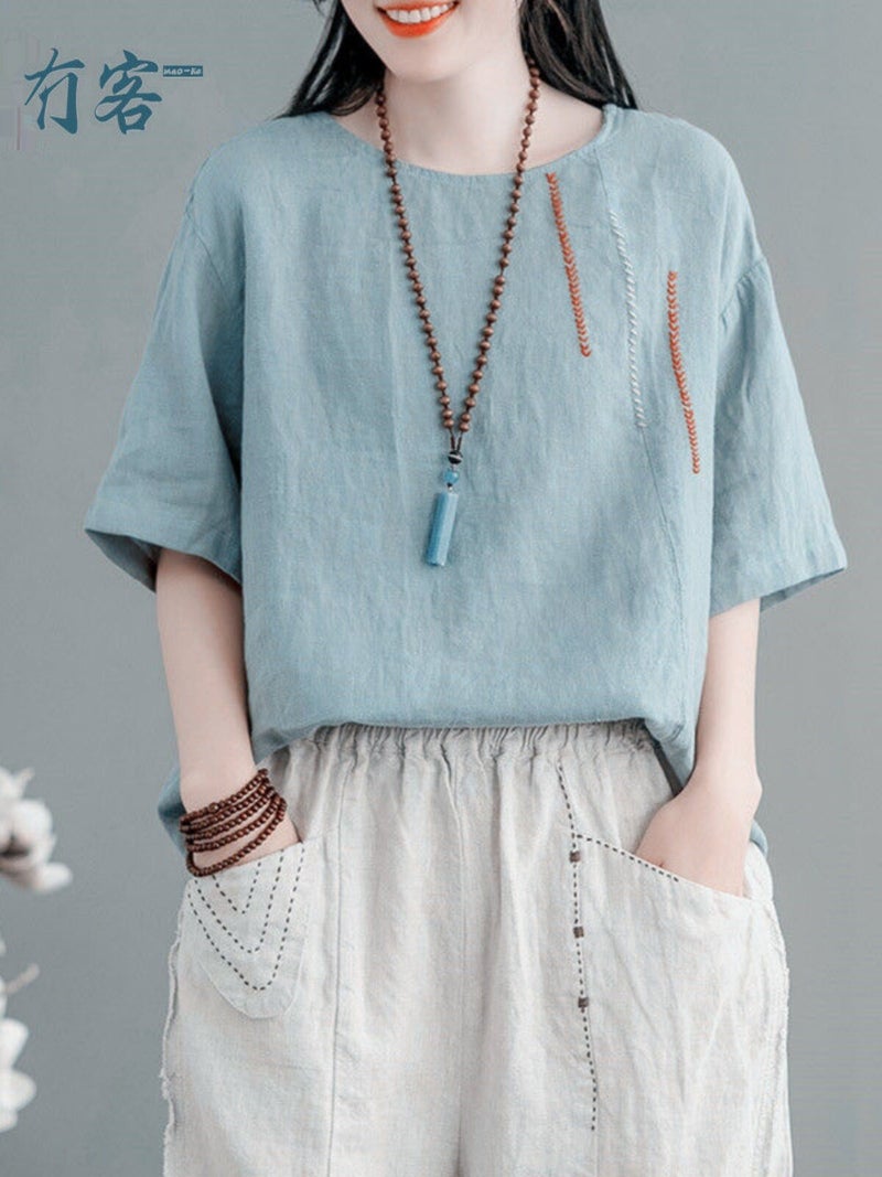 Cotton and Linen Short-Sleeved T-Shirt for Women, Plus Size, Belly-Covering, Fashionable and Stylish Summer Wear for Moms, High-End Ramie and Linen Half-Sleeved Top - Image 4