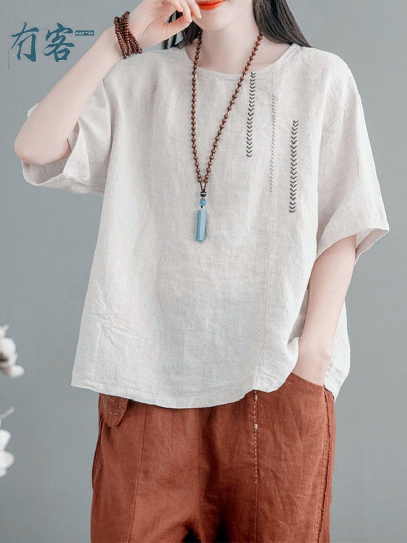 Cotton and Linen Short-Sleeved T-Shirt for Women, Plus Size, Belly-Covering, Fashionable and Stylish Summer Wear for Moms, High-End Ramie and Linen Half-Sleeved Top - Image 5