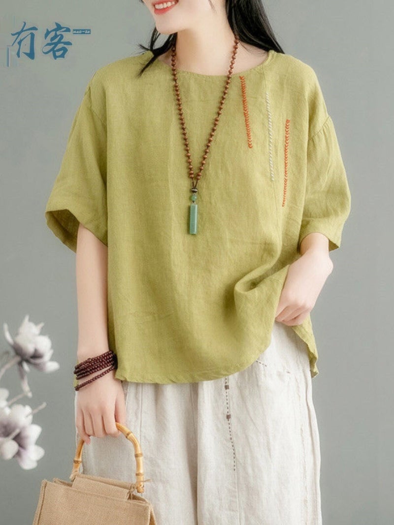 Cotton and Linen Short-Sleeved T-Shirt for Women, Plus Size, Belly-Covering, Fashionable and Stylish Summer Wear for Moms, High-End Ramie and Linen Half-Sleeved Top - Image 3