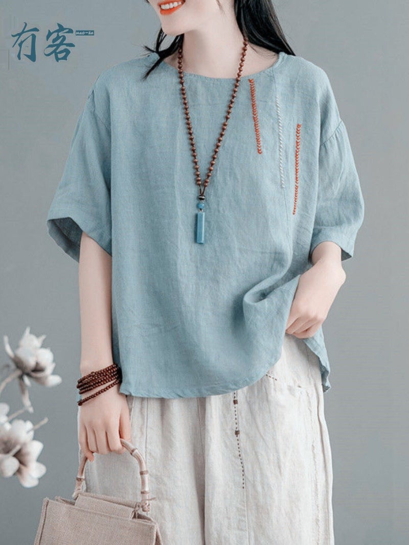 Cotton and Linen Short-Sleeved T-Shirt for Women, Plus Size, Belly-Covering, Fashionable and Stylish Summer Wear for Moms, High-End Ramie and Linen Half-Sleeved Top - Image 2
