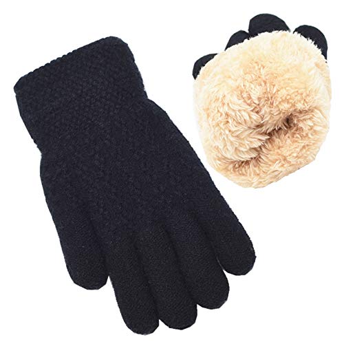 FENELY Winter Gloves for Boys Girls - Kids Warm Knit Thermal Cable Knitted Gloves Black Wool Fleece Lined Mittens for Cold Weather - Image 1