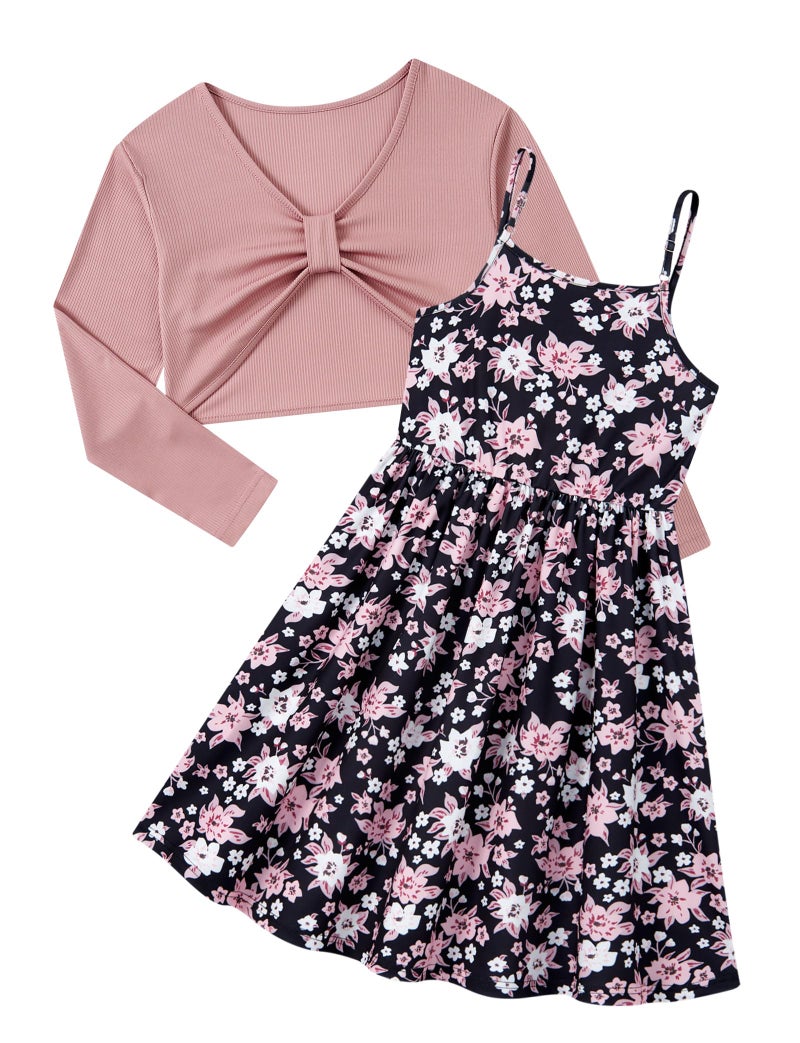 Kimoda Girl's 2 Piece Outfit Printed Cami Dress with Long Sleeve Bow Crop Cardigan Set for 5-12 Years, Dark Pink, 7-8 Years - Image 1
