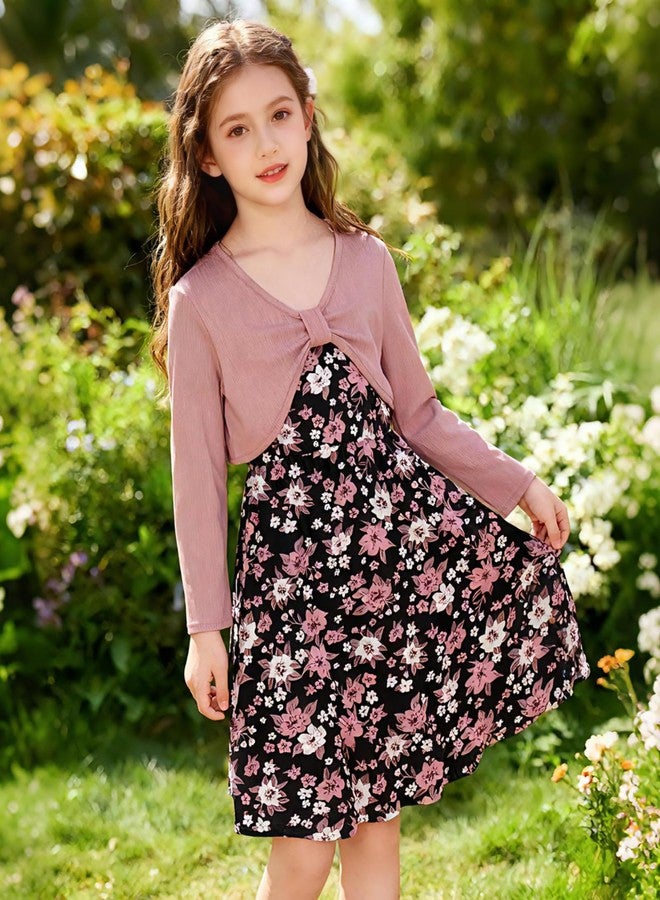 Kimoda Girl's 2 Piece Outfit Printed Cami Dress with Long Sleeve Bow Crop Cardigan Set for 5-12 Years, Dark Pink, 7-8 Years - Image 2